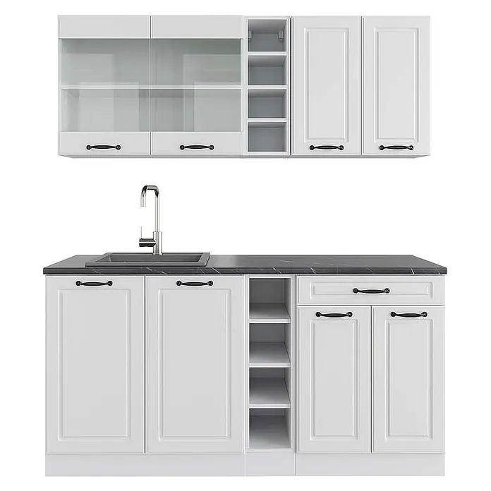 Vicco Singleküche R-Line Weiß Landhaus/Weiß, AP Anthrazit - Breite: 160 cm, Weiß Landhaus, Mit AP Anthrazit - Weiße Küchenschrank-Garnitur mit dunkler Arbeitsplatte, integrierter Spüle und schwarzen Griffen, mit verschiedenen Aufbewahrungsoptionen.