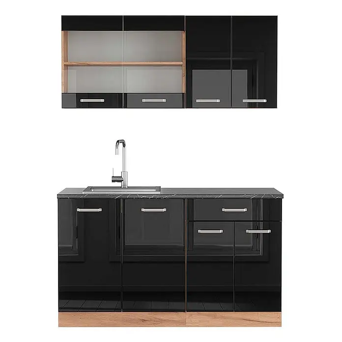 Vicco Singleküche R-Line Schwarz Hochglanz/Goldkraft Eiche, AP Anthrazit - Breite: 140 cm, Schwarz Hochglanz, Mit AP Anthrazit - Schwarze Hochglanz-Küchenschrankgarnitur mit Holzelementen, Spüle und silbernen Griffen.