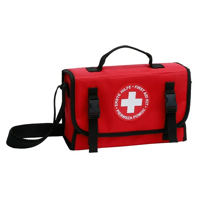 Leina-Werke Erste-Hilfe-Tasche Klein - Mit Inhalt nach DIN 13157, Rot - Rote Erste-Hilfe-Tasche mit Tragegriff und Schultergurt, gekennzeichnet mit einem weißen Kreuz und der Aufschrift "Erste Hilfe - First Aid Kit".
