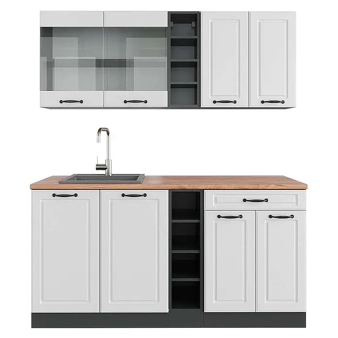Vicco Singleküche R-Line Weiß Landhaus/Anthrazit, AP Eiche - Breite: 160 cm, Weiß Landhaus, Mit AP Eiche - Weißer Küchenschrank mit schwarzen Griffen, Arbeitsplatte in Holzoptik und silberner Spüle/Wasserhahn. Obere und untere Einheiten mit verschiedenen Stauraumoptionen.