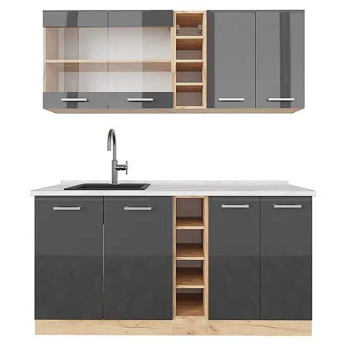 Vicco Singleküche R-Line Anthrazit Hochglanz/Goldkraft Eiche, AP Marmor - Breite: 160 cm, Anthrazit Hochglanz, Mit AP Marmor - Modulare Küchenzeile mit glänzend grauen Schränken, hellen Holzregalen, weißer Arbeitsplatte und Spüle mit Armatur.