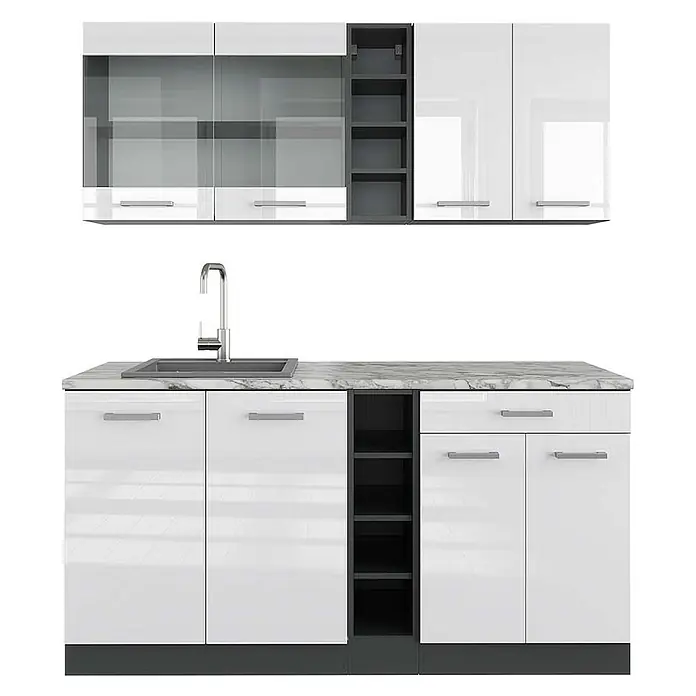 Vicco Singleküche R-Line Weiß Hochglanz/Anthrazit, AP Marmor - Breite: 160 cm, Weiß Hochglanz, Mit AP Marmor - Modernes weißes Hochglanz-Küchenschrank-Set mit grauen Akzenten, Marmor-Arbeitsplatte, Spüle und Edelstahlgriffen, bietet Stauraum und Waschbereich.