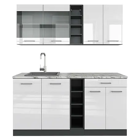 Vicco  Singleküche R-Line Weiß Hochglanz/Anthrazit, AP Marmor