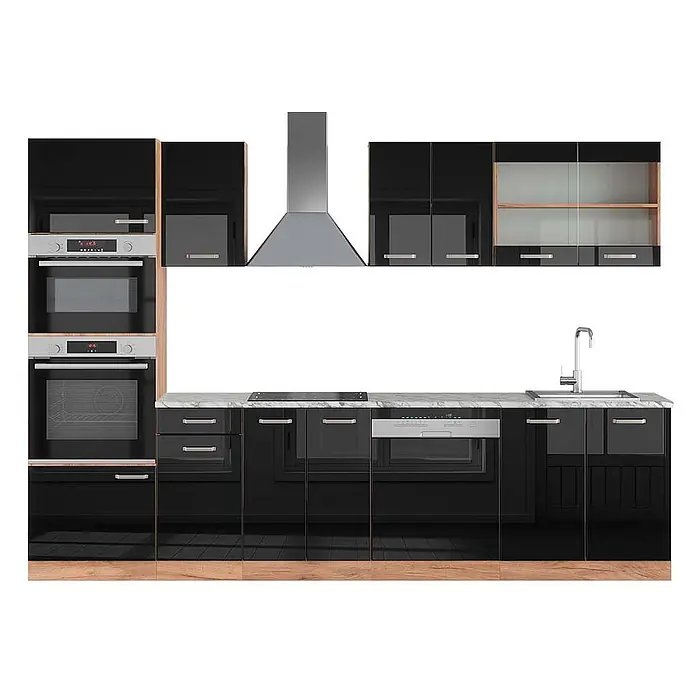 Vicco Küchenzeile R-Line Schwarz Hochglanz/Goldkraft Eiche mit Hochschrank, AP Marmor - Schwarz Hochglanz, Ohne Elektrogeräte - Moderne, hochglanzschwarze Küche mit integrierten Öfen, Kochfeld, Spüle, Geschirrspüler und Oberschränken mit hellen Holzakzenten und Marmorarbeitsplatte.