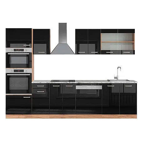 Vicco  Küchenzeile R-Line Schwarz Hochglanz/Goldkraft Eiche mit Hochschrank, AP Marmor