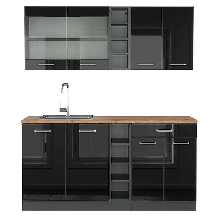 Vicco Singleküche R-Line Schwarz Hochglanz/Anthrazit, AP Eiche - Breite: 160 cm, Schwarz Hochglanz, Mit AP Eiche - Moderne schwarz glänzende Küchenzeile mit Holzplatte, integrierter Spüle und offenen Regalen.