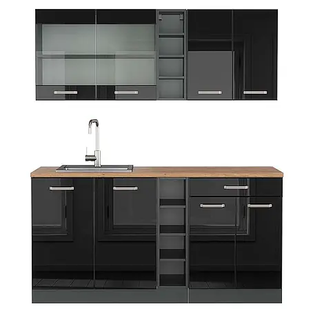 Vicco  Singleküche R-Line Schwarz Hochglanz/Anthrazit, AP Eiche