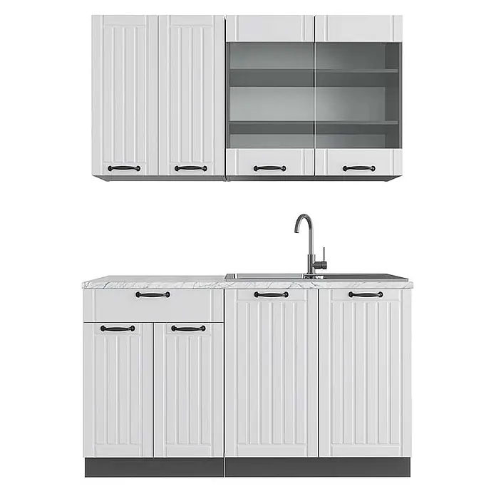 Vicco Singleküche Fame-Line Weiß Landhaus/Anthrazit, AP Marmor - Breite: 140 cm, Weiß Landhaus, Mit AP Marmor - Weiße modulare Küchenzeile mit gerillten Schranktüren, schwarzen Griffen, Spüle, Armatur und Marmor-Effekt-Arbeitsplatte. Oberschränke mit Glastüren.