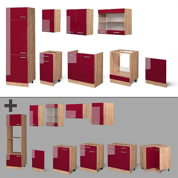 Vicco Küchenzeile R-Line Rot Hochglanz/Goldkraft Eiche, AP Eiche - Breite: 300 cm, Rot Hochglanz, Ohne Elektrogeräte - Modulare Küchenschränke mit glänzenden roten Fronten und hellen Holzrahmen, in verschiedenen Konfigurationen dargestellt.