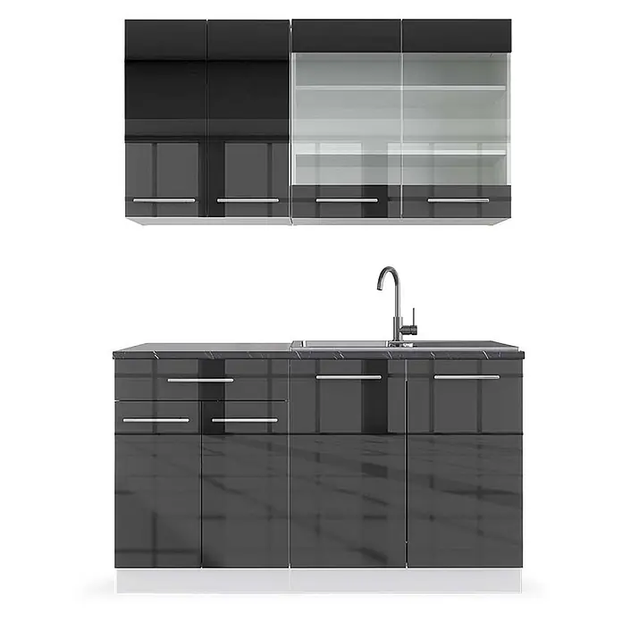 Vicco Singleküche Fame-Line, Anthrazit Hochglanz/Weiß, 140 cm -  - Hochglänzende dunkelgraue Küchenschrank-Garnitur mit Ober- und Unterschränken, teils mit Glasfronten, und integriertem Spülbecken mit Armatur.