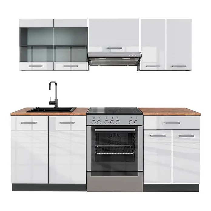 Vicco Küchenzeile R-Line Weiß Hochglanz/Anthrazit, AP Eiche - Breite: 200 cm, Weiß Hochglanz, Ohne Elektrogeräte - Eine moderne weiße Küchenzeile mit Holzarbeitsplatte, schwarzer Spüle, Backofen, Elektrokochfeld und verschiedenen Ober- und Unterschränken.