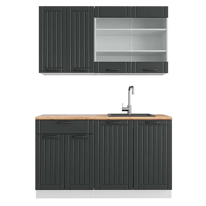 Vicco Singleküche Fame-Line, Anthrazit Landhaus/Weiß, 140 cm -  - Dunkelgraue Küchenschrank-Garnitur mit Holz-Arbeitsplatte, Spüle und Wasserhahn. Mit Paneeltüren und oberen Glasvitrinen.