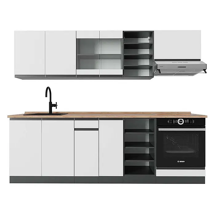 Vicco Küchenzeile R-Line Weiß/Anthrazit J-Shape, AP Eiche - Breite: 240 cm, Weiß, Ohne Elektrogeräte - Moderne Küchenzeile mit weißen Schränken, dunkelgrauem Sockel, Holzplatte, schwarzer Spüle, Backofen und Dunstabzugshaube.