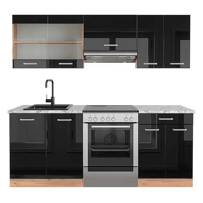 Vicco Küchenzeile R-Line Schwarz Hochglanz/Goldkraft Eiche, AP Marmor - Schwarz Hochglanz, Ohne Elektrogeräte - Schwarze Hochglanz-Küchenzeile mit weißer Marmor-Arbeitsplatte, integrierter Spüle, Armatur, Backofen, Kochfeld und Dunstabzugshaube auf hellem Holzsockel.