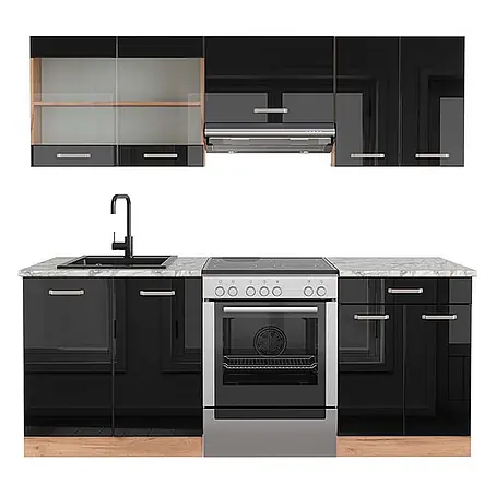 Vicco  Küchenzeile R-Line Schwarz Hochglanz/Goldkraft Eiche, AP Marmor