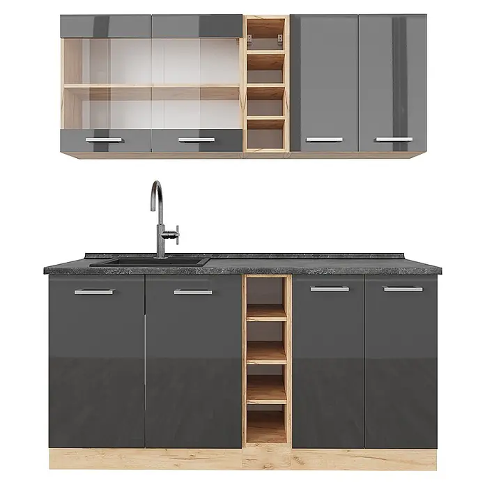Vicco Singleküche R-Line Anthrazit Hochglanz/Goldkraft Eiche, AP Anthrazit - Breite: 160 cm, Anthrazit Hochglanz, Mit AP Anthrazit - Modernes Küchenschrank-Set in Grau und Holz mit Hochglanztüren, offenen Regalen und Spüle.