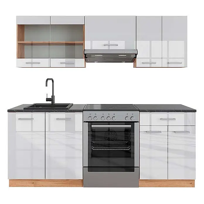 Vicco Küchenzeile R-Line Weiß Hochglanz/Goldkraft Eiche, AP Anthrazit - Weiß Hochglanz, Ohne Elektrogeräte - Moderne Küchenzeile mit glänzend weißen Schränken, schwarzer Arbeitsplatte, Spüle, Backofen, Kochfeld und Dunstabzugshaube. Mit Holzdetails.