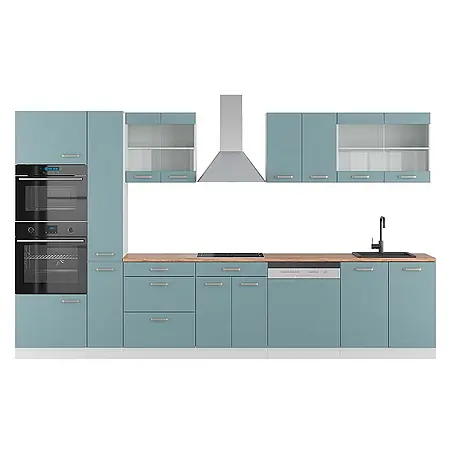 Vicco  Küchenzeile R-Line Blau-Grau/Weiß mit Hochschrank, AP Eiche