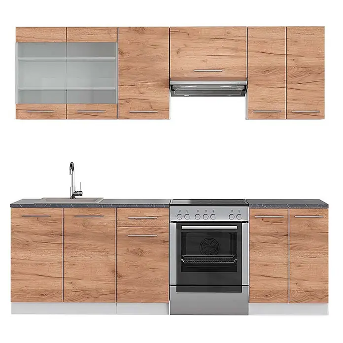 Vicco Küchenzeile Fame-Line Goldkraft Eiche/Weiß, AP Anthrazit - Goldkraft Eiche, Ohne Elektrogeräte - Küchenzeile in heller Holzoptik mit dunklen Arbeitsplatten, silbernen Geräten und Oberschränken mit Glasfronten.