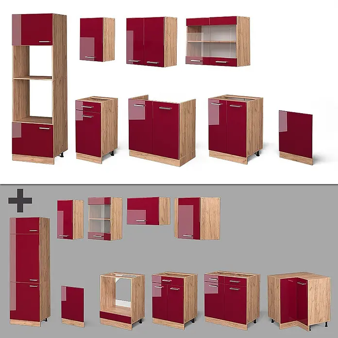Vicco Küchenzeile R-Line Rot Hochglanz/Goldkraft Eiche mit Hochschrank, AP Eiche - Breite: 300 cm, Rot Hochglanz, Ohne Elektrogeräte - Modulares Küchenschrank-Set mit roten Hochglanztüren und hellen Holzdekorrahmen, inkl. Unter-, Ober- und Hochschränken.