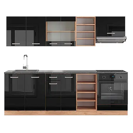 Vicco  Küchenzeile R-Line Schwarz Hochglanz/Goldkraft Eiche, AP Anthrazit