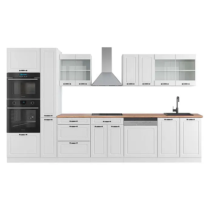 Vicco Küchenzeile R-Line Weiß Landhaus/Weiß mit Hochschrank, AP Eiche - Breite: 350 cm, Weiß Landhaus, Ohne Elektrogeräte - Weiße Küchenzeile mit schwarzen Griffen, Holzarbeitsplatte und integrierten Geräten: Backöfen, Kochfeld, Spüle, Geschirrspüler, Dunstabzugshaube.