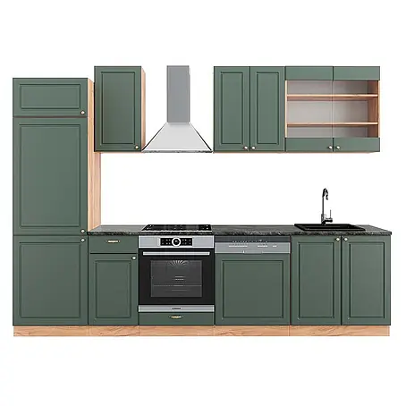 Vicco Küchenzeile Fame-Line, Grün-Gold Landhaus/Goldkraft Eiche, 300 cm