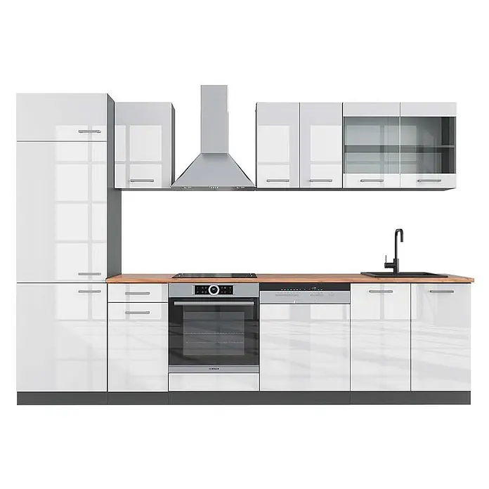 Vicco Küchenzeile R-Line Weiß Hochglanz/Anthrazit, AP Eiche - Breite: 300 cm, Weiß Hochglanz, Ohne Elektrogeräte - Moderne weiße Hochglanz-Küchenzeile mit Holzarbeitsplatte, integrierten Geräten und Edelstahl-Dunstabzugshaube.