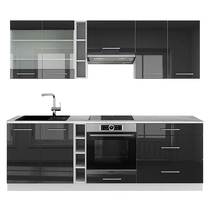 Vicco Küchenzeile Fame-Line Anthrazit Hochglanz/Weiß, AP Marmor - Breite: 235 cm, Anthrazit Hochglanz, Ohne Elektrogeräte - Moderne Küche mit glänzend schwarzen Schränken, weißer Arbeitsplatte, Spüle, Kochfeld, Backofen und Dunstabzugshaube.