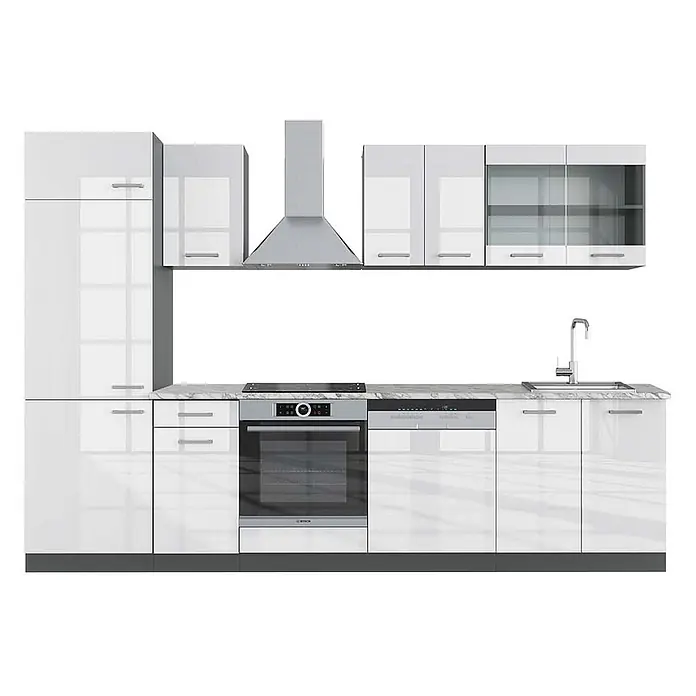 Vicco Küchenzeile R-Line Weiß Hochglanz/Anthrazit, AP Marmor - Breite: 300 cm, Weiß Hochglanz, Ohne Elektrogeräte - Moderne weiße Hochglanzküche mit integrierten Geräten: Backofen, Kochfeld, Spülmaschine, Spüle, Dunstabzugshaube auf Marmor-Arbeitsplatte.