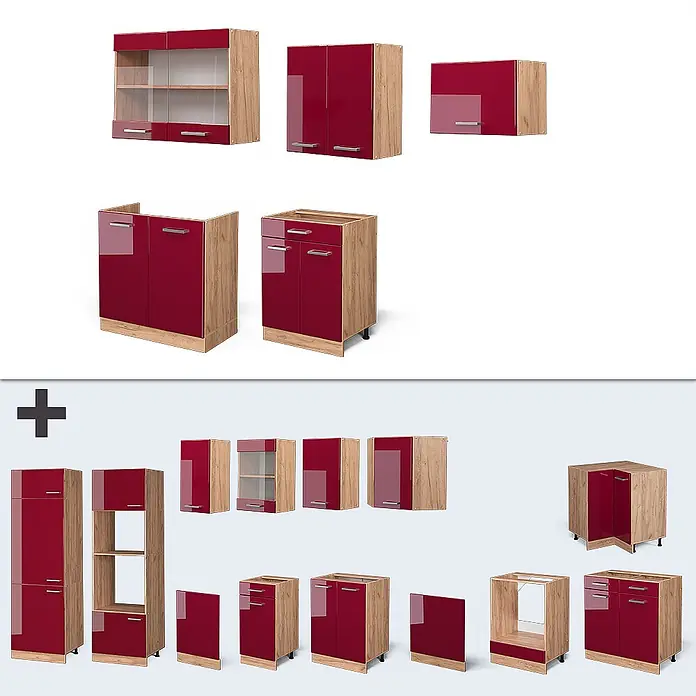 Vicco Küchenzeile R-Line Rot Hochglanz/Goldkraft Eiche, AP Marmor - Breite: 200 cm, Rot Hochglanz, Ohne Elektrogeräte - Modulare Küchenschränke mit glänzenden roten Türen und Schubladen, in heller Holzoptik.
