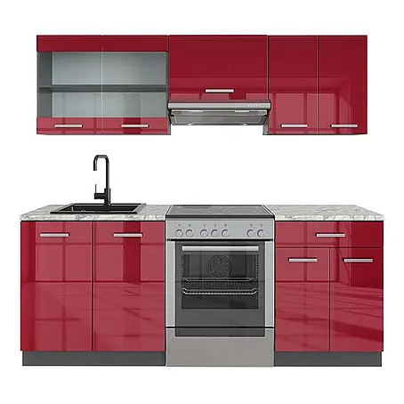 Vicco  Küchenzeile R-Line Rot Hochglanz/Anthrazit, AP Marmor