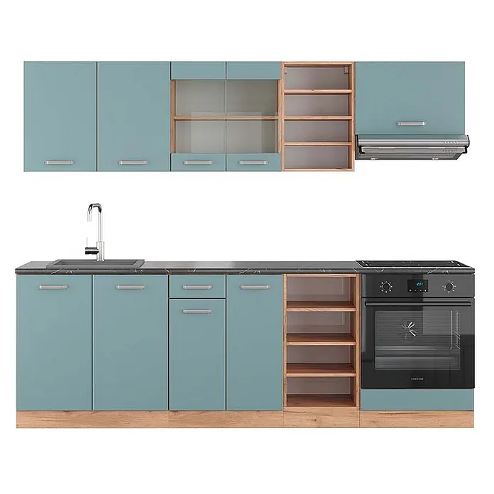Vicco Küchenzeile R-Line Blau-Grau/Goldkraft Eiche, AP Anthrazit - Breite: 240 cm, Blau-Grau, Ohne Elektrogeräte - Moderne hellblaue Küchenschränke mit Holzregalen, Spüle, Herd, Backofen und Dunstabzugshaube.