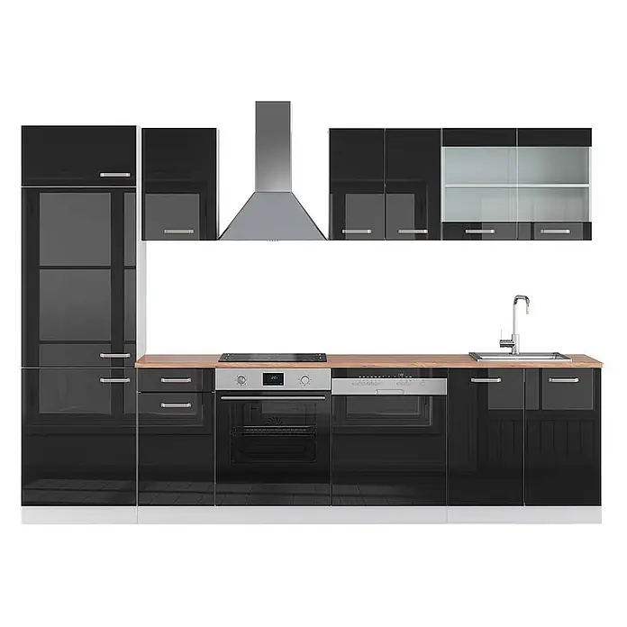 Vicco Küchenzeile R-Line Schwarz Hochglanz/Weiß, AP Eiche - Breite: 300 cm, Schwarz Hochglanz, Ohne Elektrogeräte - Schwarz glänzende Küchenzeile mit Holzplatte, integrierten Geräten, Edelstahlhaube, Spüle, Backofen und Geschirrspüler.