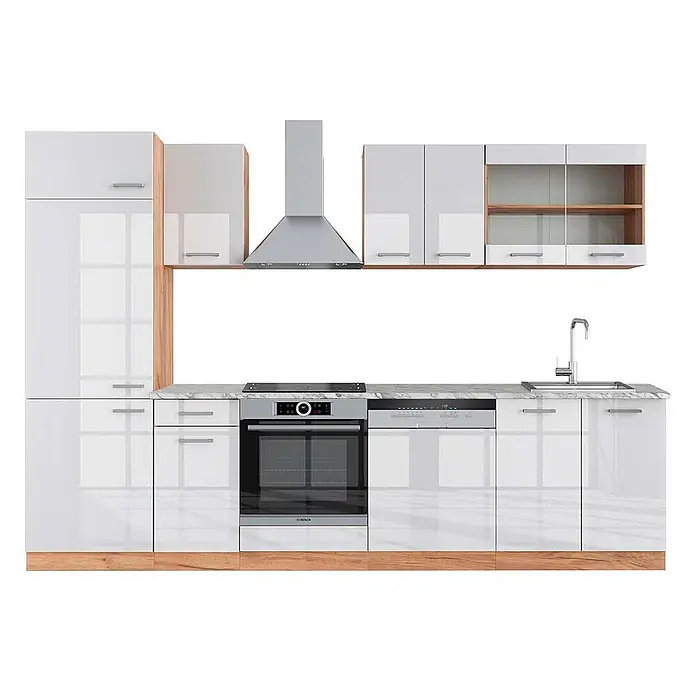 Vicco Küchenzeile R-Line Weiß Hochglanz/Goldkraft Eiche, AP Marmor - Breite: 300 cm, Weiß Hochglanz, Ohne Elektrogeräte - Moderne weiße Hochglanzküche mit Holzdetails, Marmorplatte, integriertem Backofen, Kochfeld, Spülmaschine, Spüle und Dunstabzugshaube.