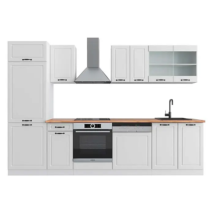 Vicco Küchenzeile R-Line Weiß Landhaus/Weiß, AP Eiche - Breite: 300 cm, Weiß Landhaus, Ohne Elektrogeräte - Weiße Küchenschränke mit schwarzen Griffen, Holz-Arbeitsplatte, integriertem Backofen, Kochfeld, Geschirrspüler, Spüle und Dunstabzugshaube.