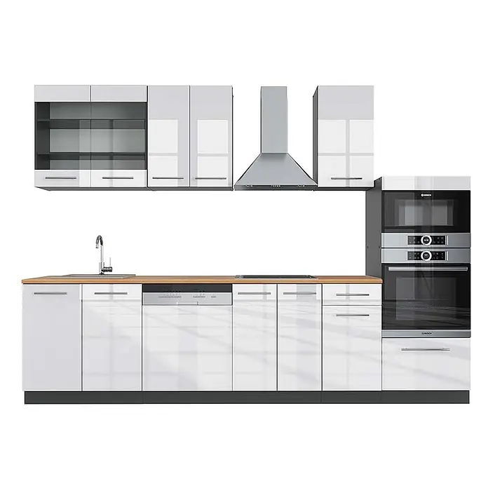 Vicco Küchenzeile Fame-Line Weiß Hochglanz/Anthrazit mit Hochschrank, AP Eiche - Breite: 300 cm, Weiß Hochglanz, Ohne Elektrogeräte - Moderne Küchenzeile mit glänzenden weißen Schränken, heller Holztheke und Edelstahlgeräten wie Spüle, Geschirrspüler, Kochfeld, Dunstabzug, Mikrowelle und Backofen.