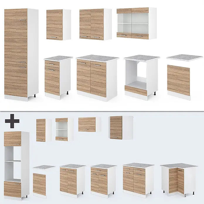 Vicco Küchenzeile R-Line, Sonoma/Weiß, 300 cm -  - Modulare Küchenschränke in Weiß und heller Eichenoptik, darunter Hochschrank, Hängeschränke und Unterschränke in verschiedenen Konfigurationen.