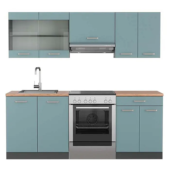 Vicco Küchenzeile R-Line Blau-Grau/Anthrazit, AP Eiche - Breite: 200 cm, Blau-Grau, Ohne Elektrogeräte - Moderne blaugrüne Modulküche mit Holzarbeitsplatte, Edelstahlspüle, Armatur, Dunstabzugshaube und Backofen.