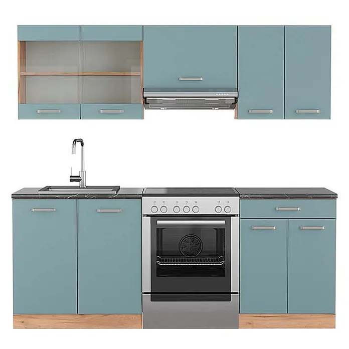 Vicco Küchenzeile R-Line Blau-Grau/Goldkraft Eiche, AP Anthrazit - Breite: 200 cm, Blau-Grau, Ohne Elektrogeräte - Hellblaue Küchenzeile: Schränke, Spüle, Backofen, Dunstabzugshaube. Dunkle Arbeitsplatten, Holzsockel.