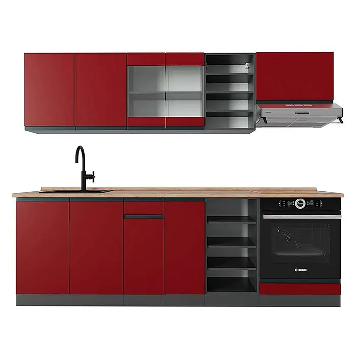 Vicco Küchenzeile R-Line Rot/Anthrazit J-Shape, AP Eiche - Breite: 240 cm, Rot, Ohne Elektrogeräte - Moderne rote Küchenschränke mit Holzplatte, schwarzem Spülbecken, Ofen und Dunstabzugshaube, mit offenen Regalen und Glastüren.