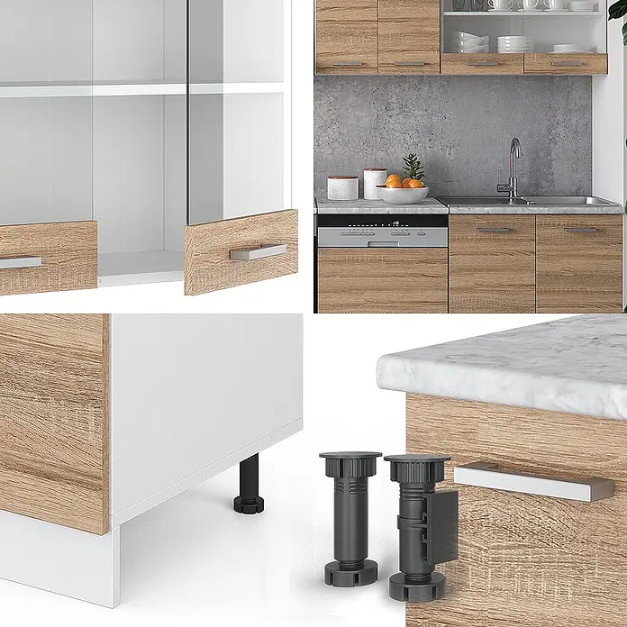 Vicco Küchenzeile R-Line, Sonoma/Weiß, 300 cm -  - Modulare Küchenschränke in heller Holzoptik mit weißen Elementen, inklusive Marmor-Arbeitsplatte und verstellbaren Füßen.