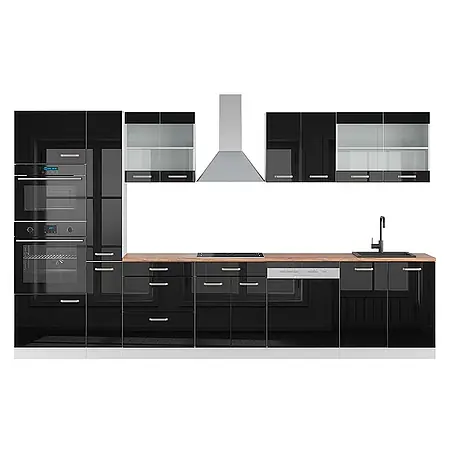 Vicco  Küchenzeile R-Line Schwarz Hochglanz/Weiß mit Hochschrank, AP Eiche