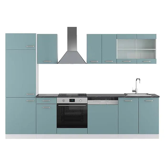 Vicco Küchenzeile R-Line, Blau-Grau/Weiß, 300 cm -  - Hellblau-grüne Küchenzeile mit dunkler Arbeitsplatte, Edelstahl-Backofen, Kochfeld, Geschirrspüler, Spüle und Dunstabzugshaube, mit verschiedenen Schränken.