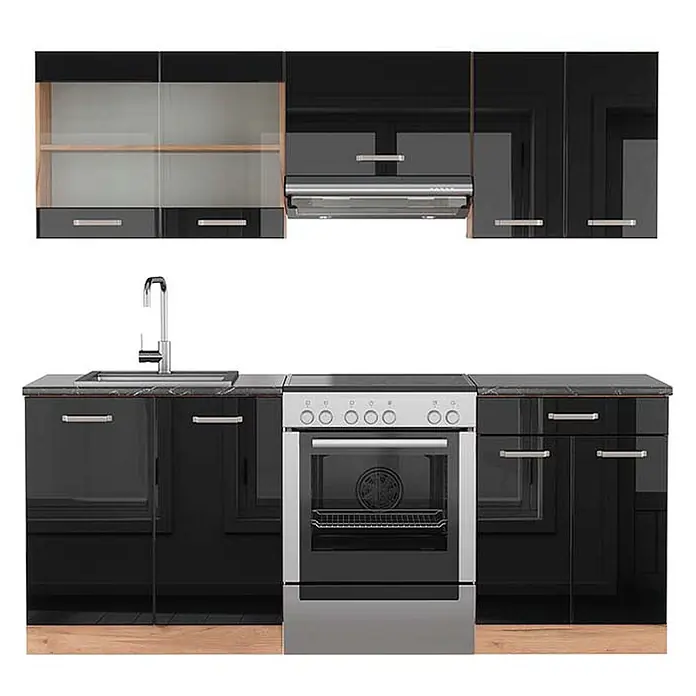 Vicco Küchenzeile R-Line Schwarz Hochglanz/Goldkraft Eiche, AP Anthrazit - Breite: 200 cm, Schwarz Hochglanz, Ohne Elektrogeräte - Schwarze glänzende Modulküche mit Spüle, integriertem Backofen, Dunstabzugshaube und Wandschränken mit Glastüren.