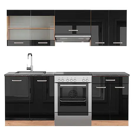 Vicco  Küchenzeile R-Line Schwarz Hochglanz/Goldkraft Eiche, AP Anthrazit