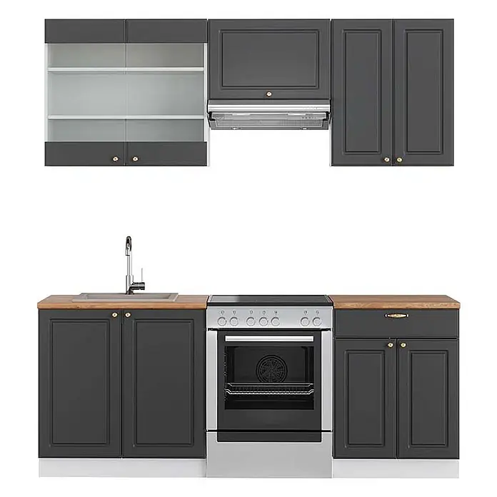 Küchenzeile Fame-Line 200 cm Anthrazit-Gold Landhaus Art.-Nr. 42727 -  - Dunkelgraue modulare Küche mit Holzplatte, Spüle und Ofen. Enthält verschiedene Ober- und Unterschränke, teilweise mit Glasfronten.