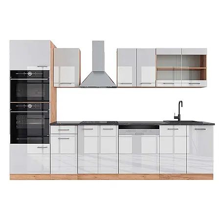 Vicco  Küchenzeile R-Line Weiß Hochglanz/Goldkraft Eiche mit Hochschrank, AP Anthrazit