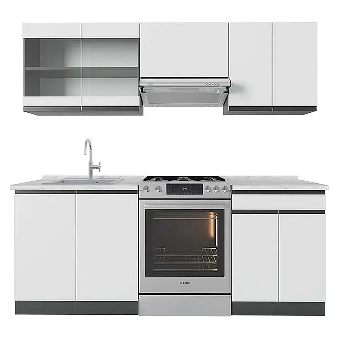 Vicco Küchenzeile R-Line Weiß/Anthrazit J-Shape, AP Marmor - Breite: 200 cm, Weiß, Ohne Elektrogeräte - Moderne weiße Küchenzeile mit Edelstahlofen, Kochfeld, Spüle und Dunstabzugshaube, ergänzt durch eine graue Arbeitsplatte.