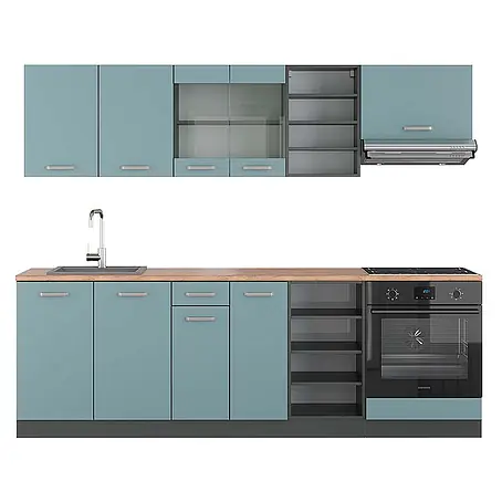 Vicco  Küchenzeile R-Line Blau-Grau/Anthrazit, AP Eiche
